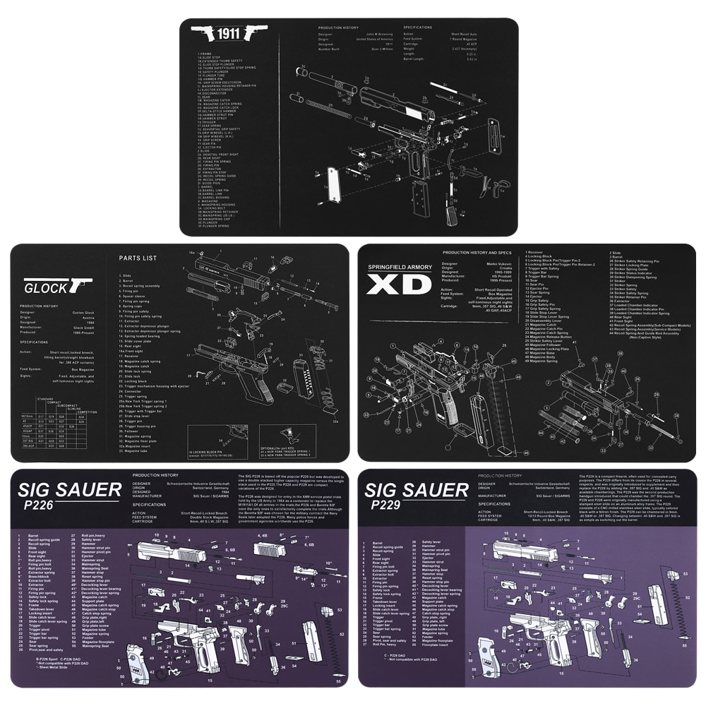 P226 P229 XD 1911 Glock Gun Cleaning Rubber Mat 17″x11″ With Parts Diagram and Instructions Armorers Bench Mat Mouse Pad