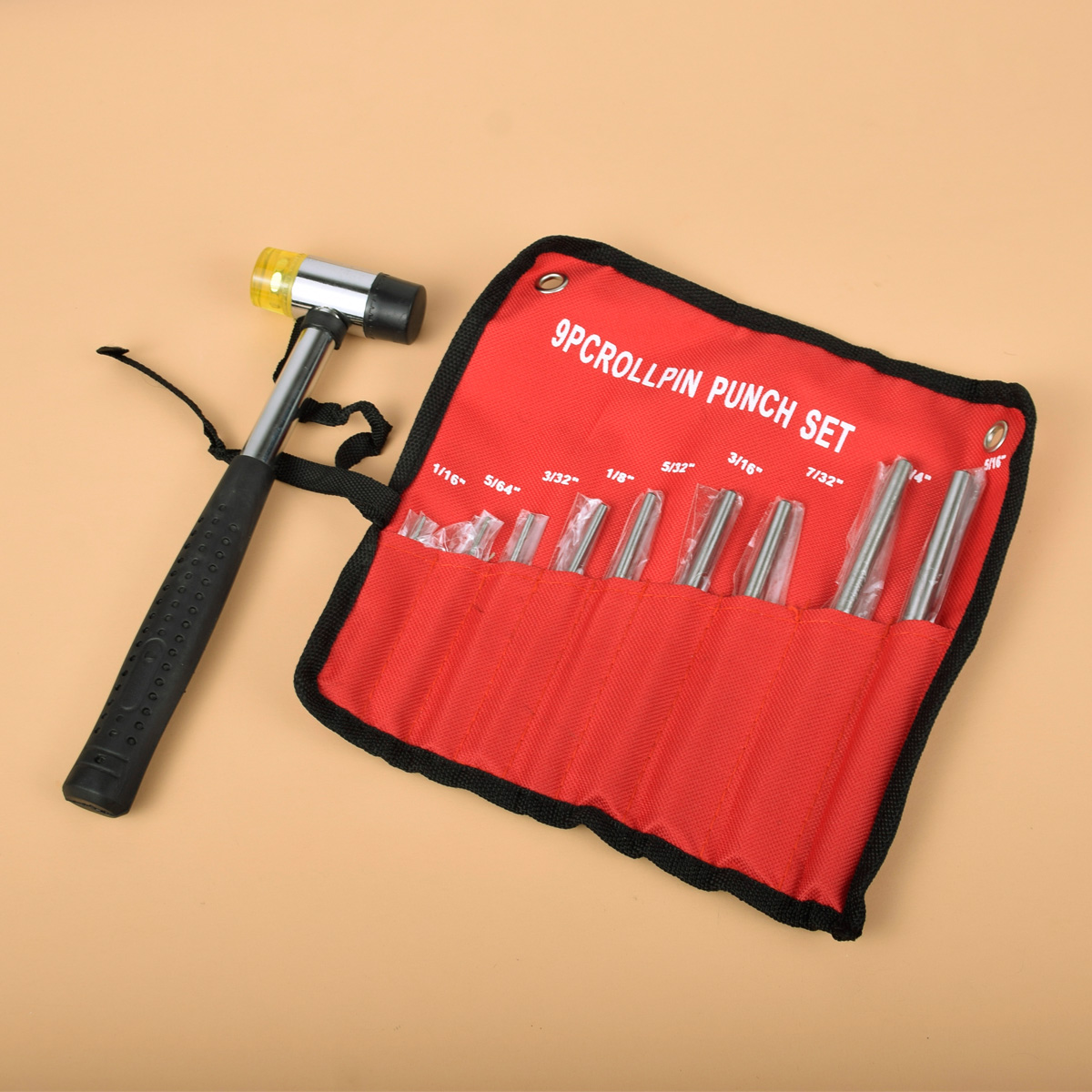 Tactical AR15 9Pcs Roll Pin Punch Set Gun Bolt Catch Roll Up Case Steel Removal Tool Kit Double-Faced Soft Rubber Mallet Hammer