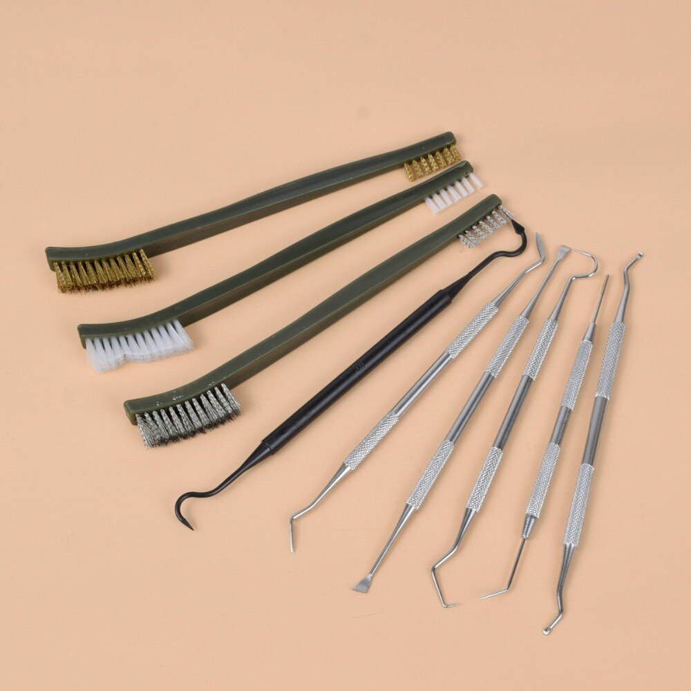 9pcs/Set Gun Cleaning Kit Set Brass Steel Nylon Brush Stainless Steel Nylon Pick Tactical 22LR Rifle Pistol Gun Cleaning Tool