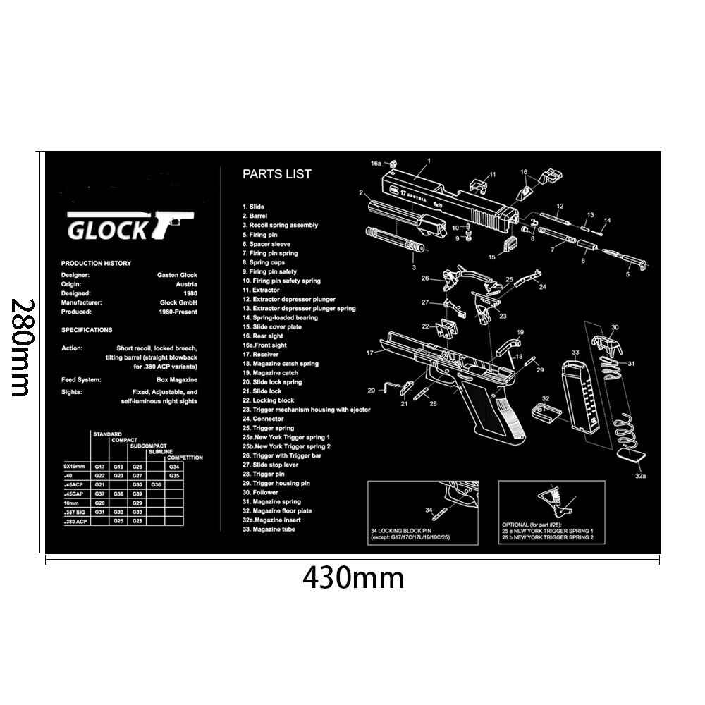 Glock Gun Cleaning Mat for Gen4 Gen5 42 43 Gunsmith With Parts Diagram and Instructions Armorers Bench Mat Mouse Pad