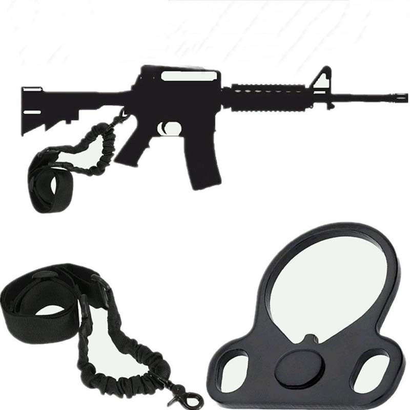 AR15 Tactical Single Point Sling Strap + Dual Plate Mount Bungee End Plate Mount Adapter